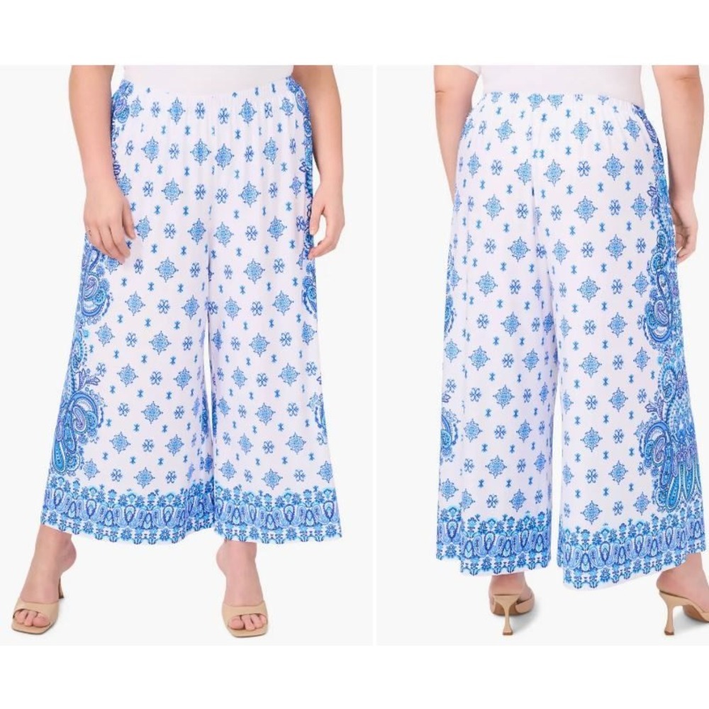 Vince Camuto XL White Blue Paisley Print Wide Leg Palazzo Lounge Pants